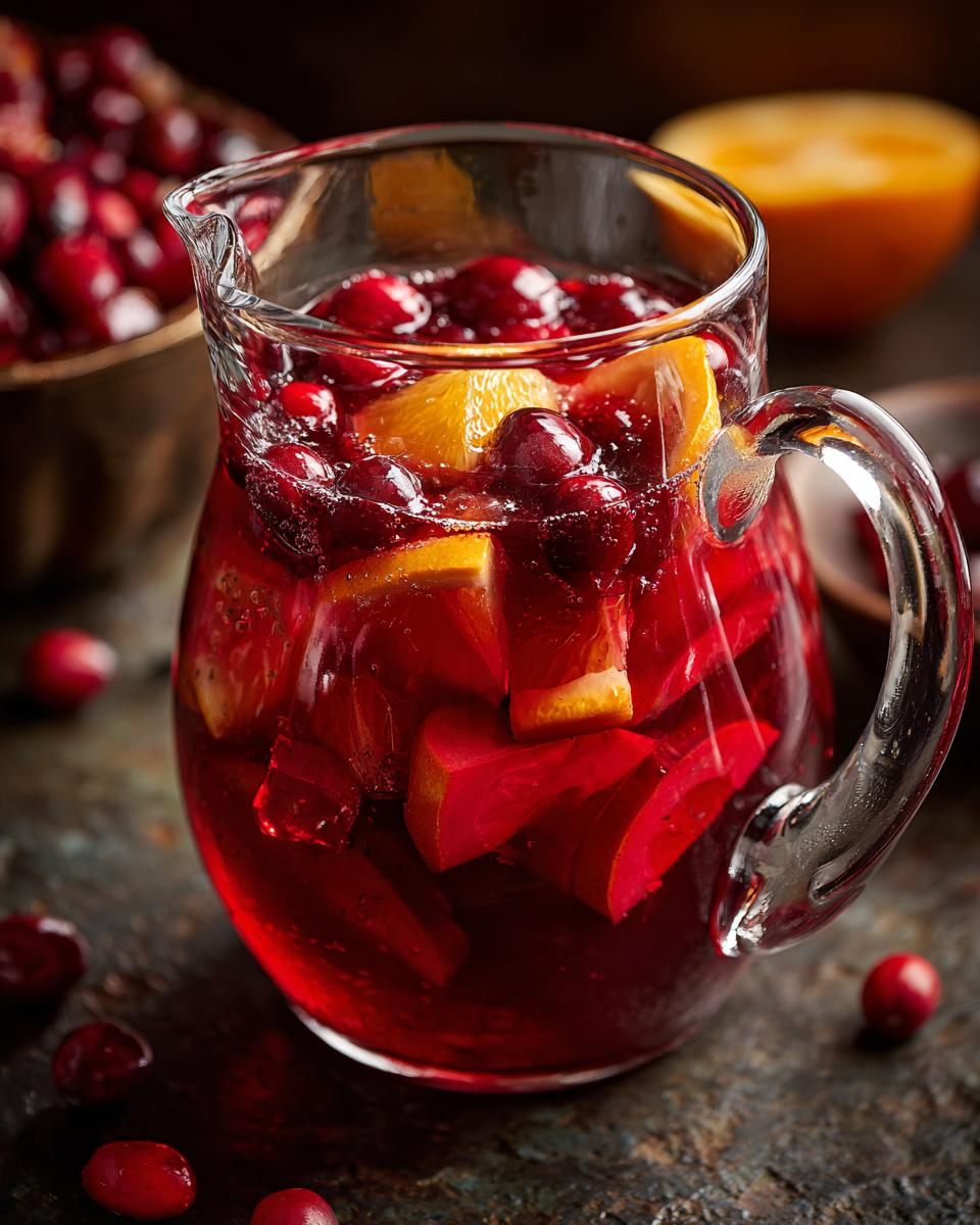 A glass pitcher filled with vibrant Cranberry Orange Punch, featuring fresh cranberries and orange slices.