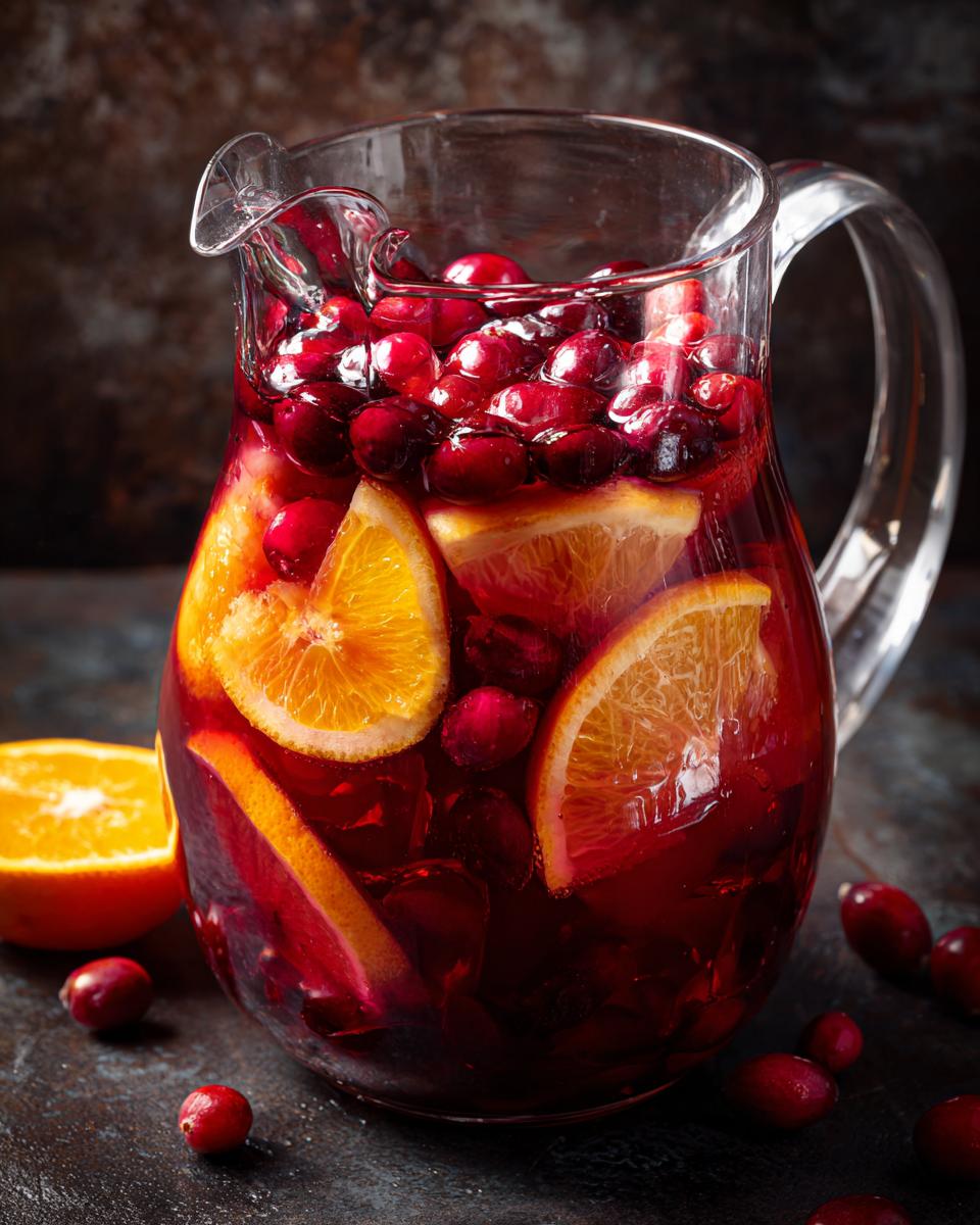 A clear glass pitcher filled with vibrant Cranberry Orange Punch, featuring slices of orange and whole cranberries.