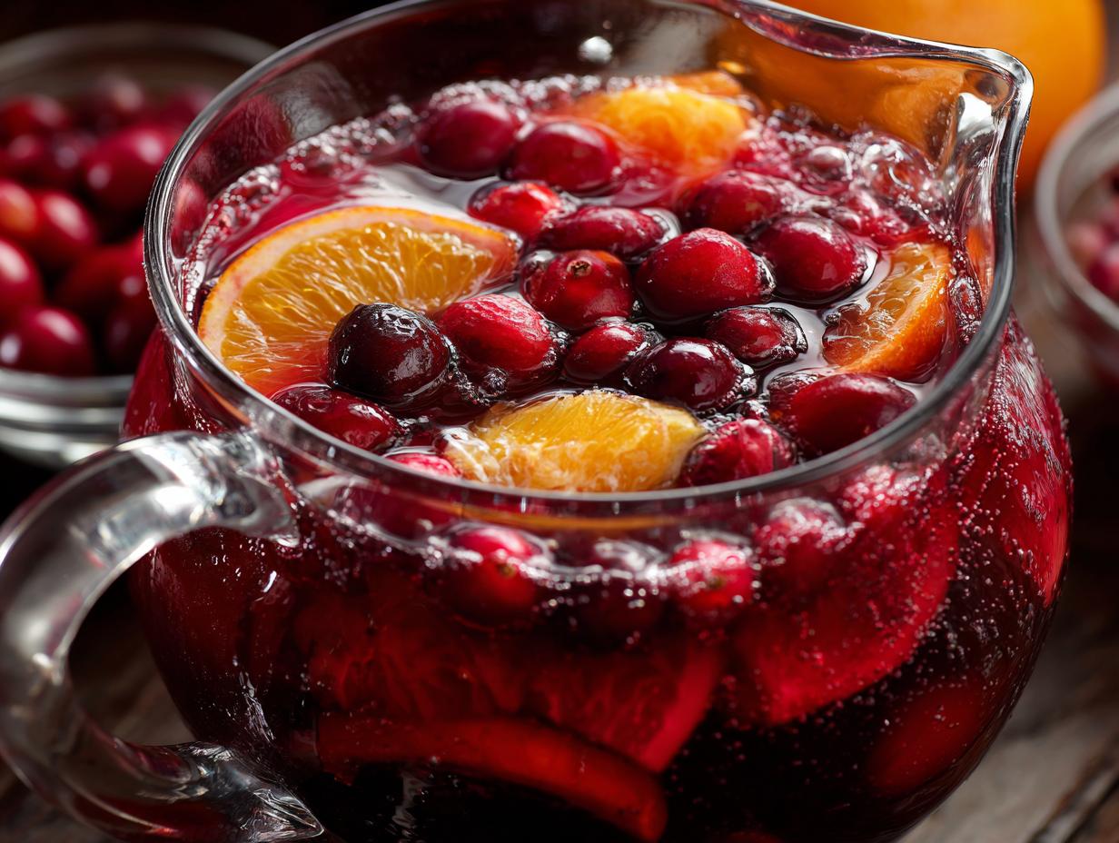 A close-up of a glass pitcher filled with vibrant Cranberry Orange Punch, featuring whole cranberries and orange slices.