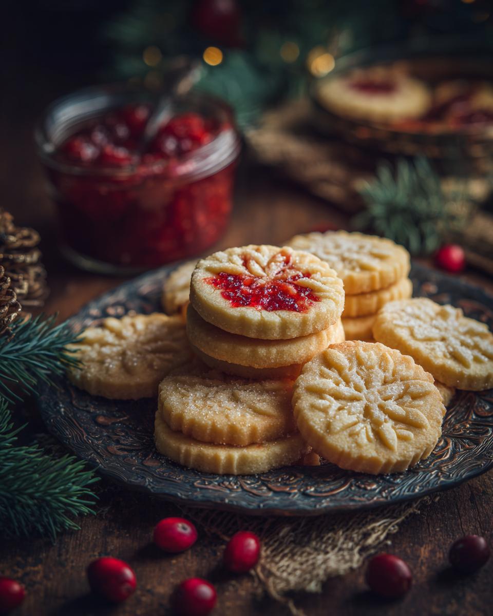 Close-up of festive cranberry sugar cookies, some filled with jam and others with snowflake imprints.