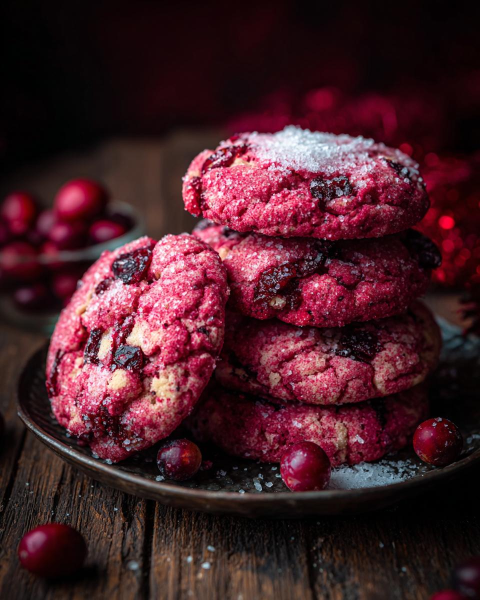 Stack of festive cranberry sugar cookies, dusted with sugar and studded with cranberries.