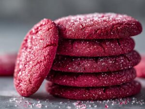 A close-up stack of festive cranberry sugar cookies, dusted with sparkling sugar.