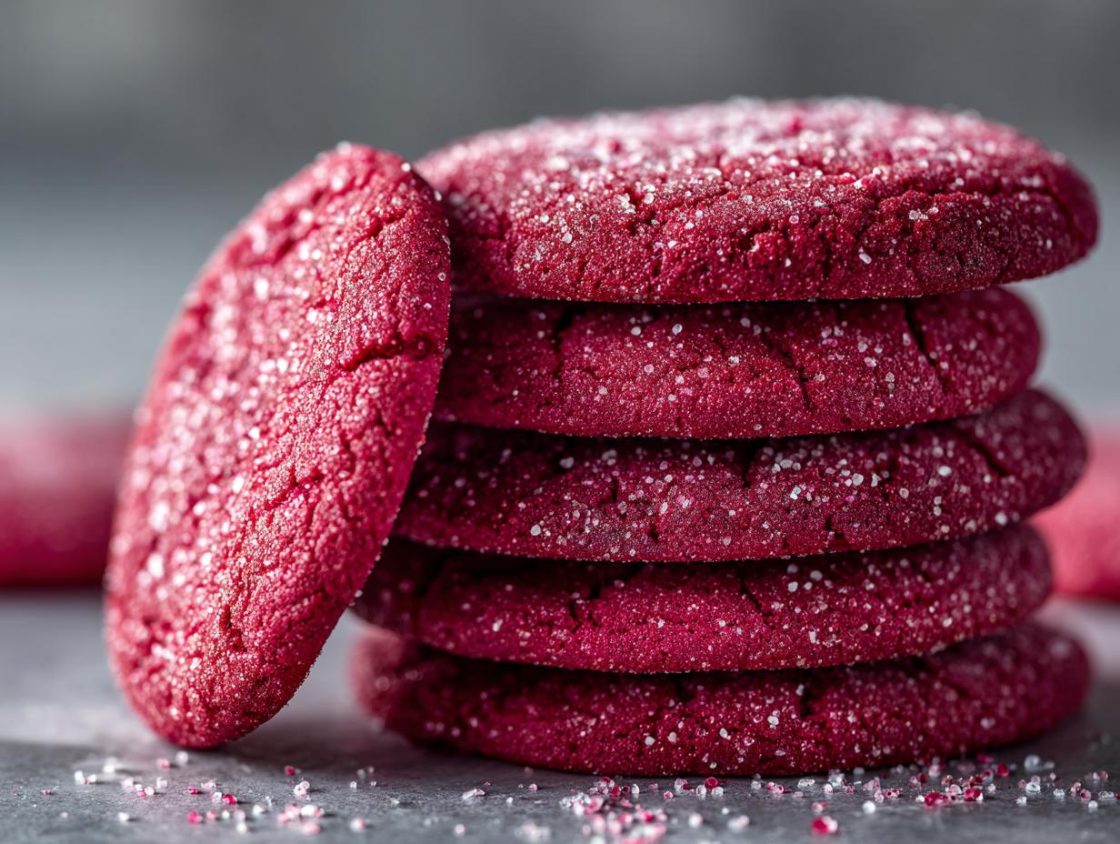 A close-up stack of festive cranberry sugar cookies, dusted with sparkling sugar.