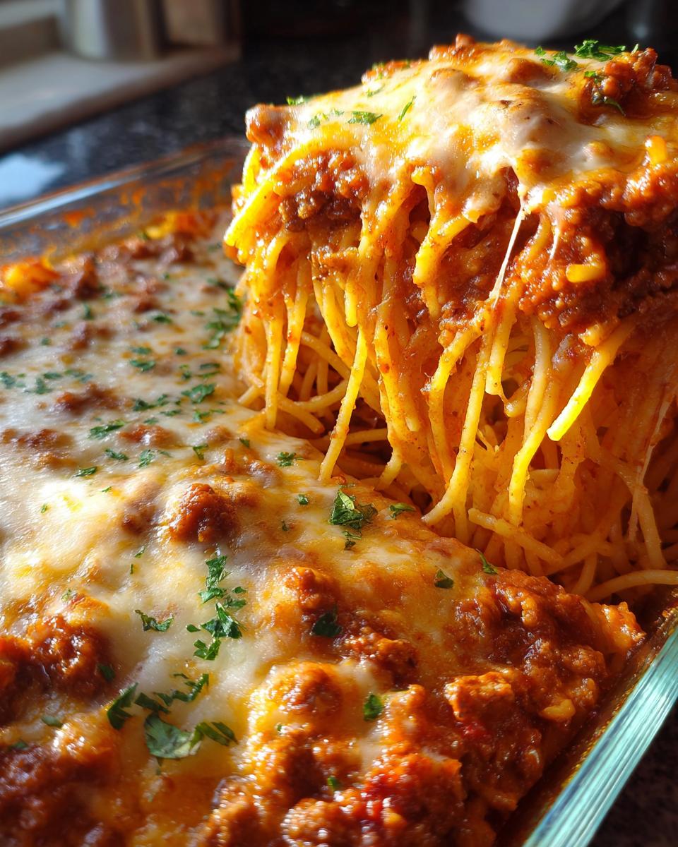 A close-up of a serving of creamy baked spaghetti casserole, with melted cheese and a rich meat sauce.