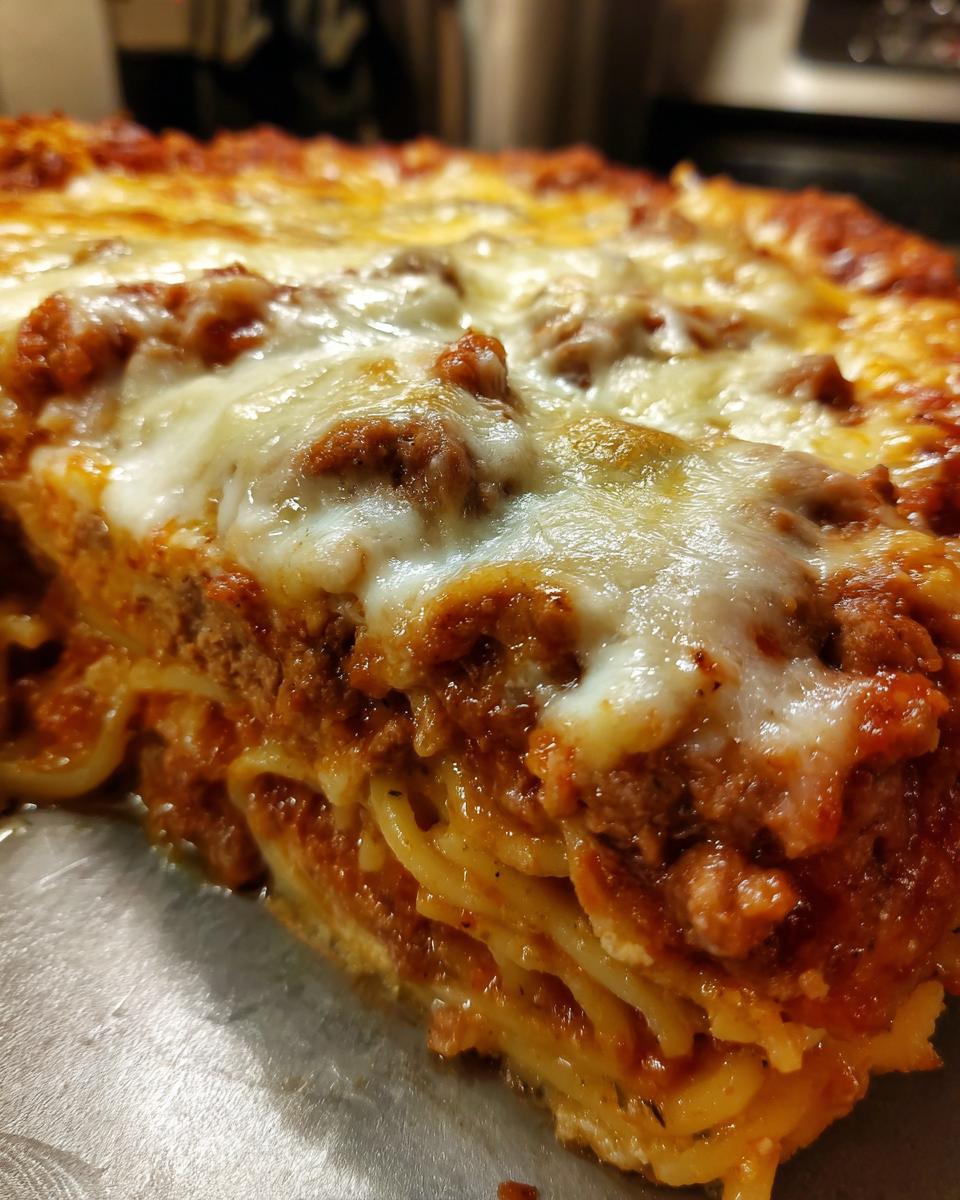 A close-up of a slice of creamy baked spaghetti casserole, showing layers of spaghetti, meat sauce, and melted cheese.