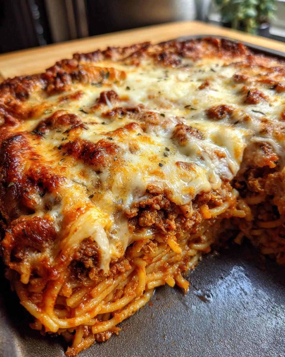 A close-up of a slice of creamy baked spaghetti casserole, showing layers of spaghetti, meat sauce, and melted, browned cheese.