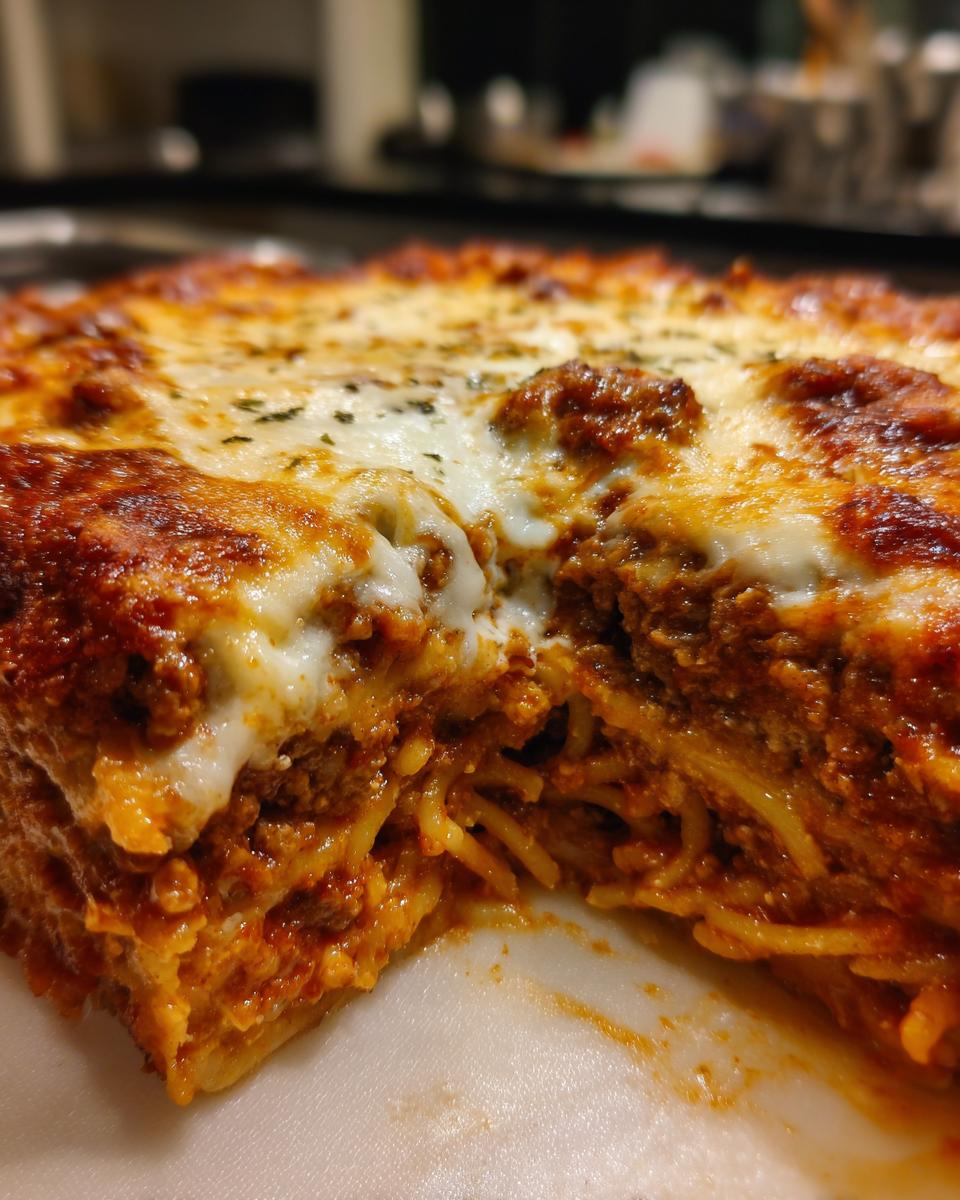 Close-up of a slice of creamy baked spaghetti casserole with melted cheese and meat sauce.