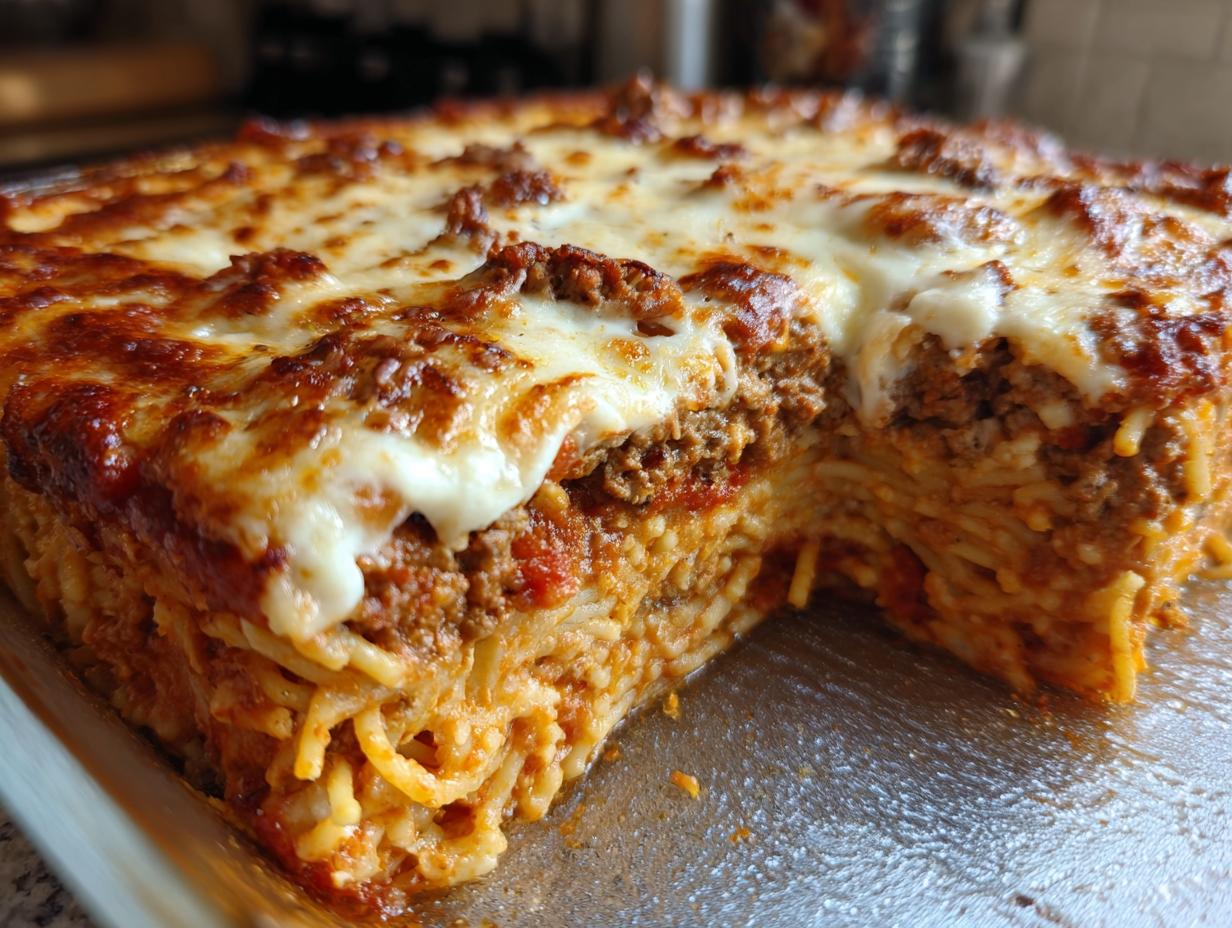 A slice is cut from a creamy baked spaghetti casserole, revealing layers of spaghetti, meat sauce, and melted cheese.