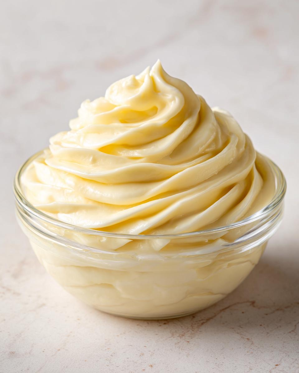 A swirl of creamy garlic aioli in a clear glass bowl, ready to be served.