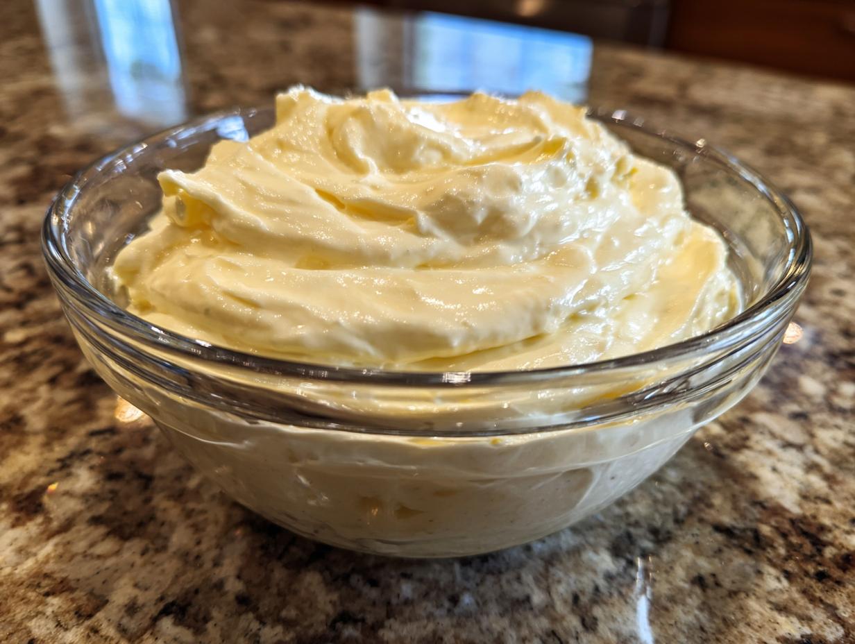 A close-up shot of a glass bowl filled with creamy, homemade garlic aioli.