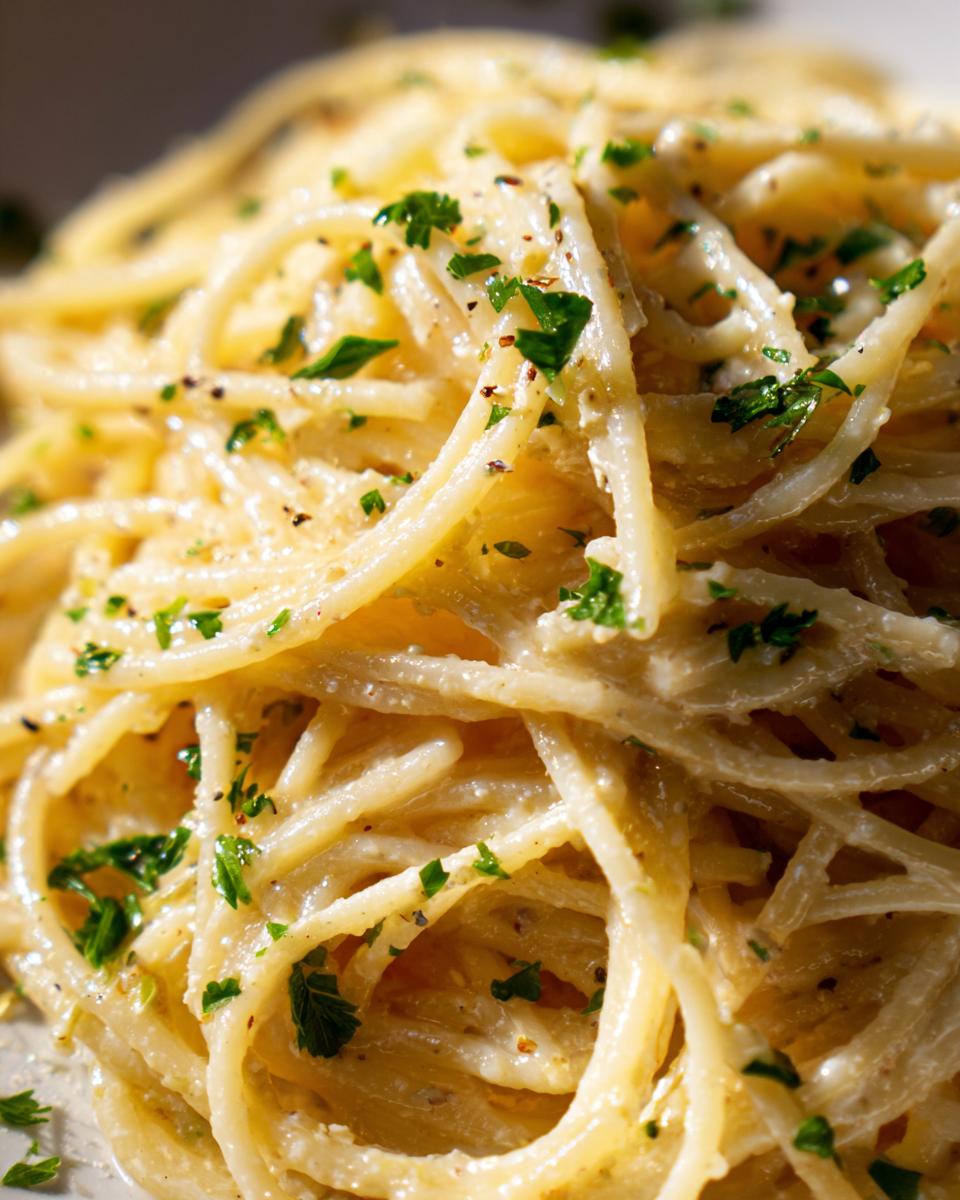 Close-up of a plate of creamy lemon pasta, garnished with fresh parsley and black pepper.