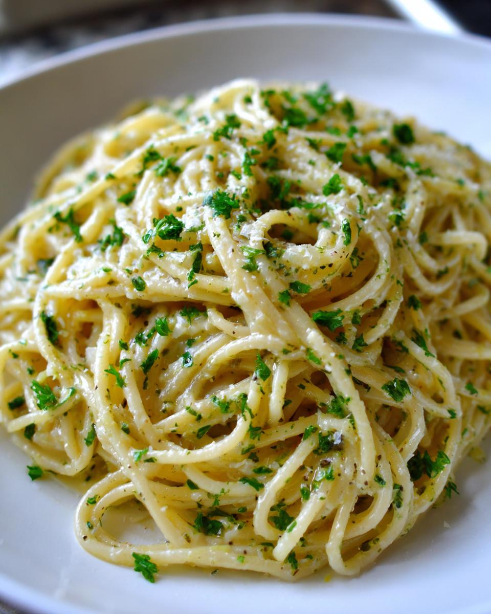 A close-up of a white bowl filled with creamy lemon pasta, topped with fresh parsley and black pepper.