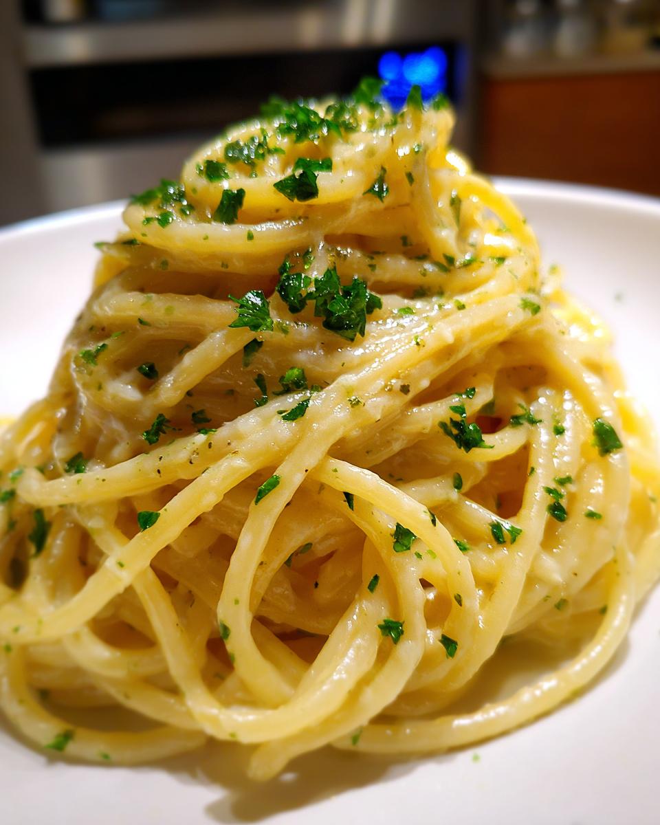 A close-up of a steaming bowl of Creamy Lemon Pasta, twirled and topped with fresh chopped parsley.