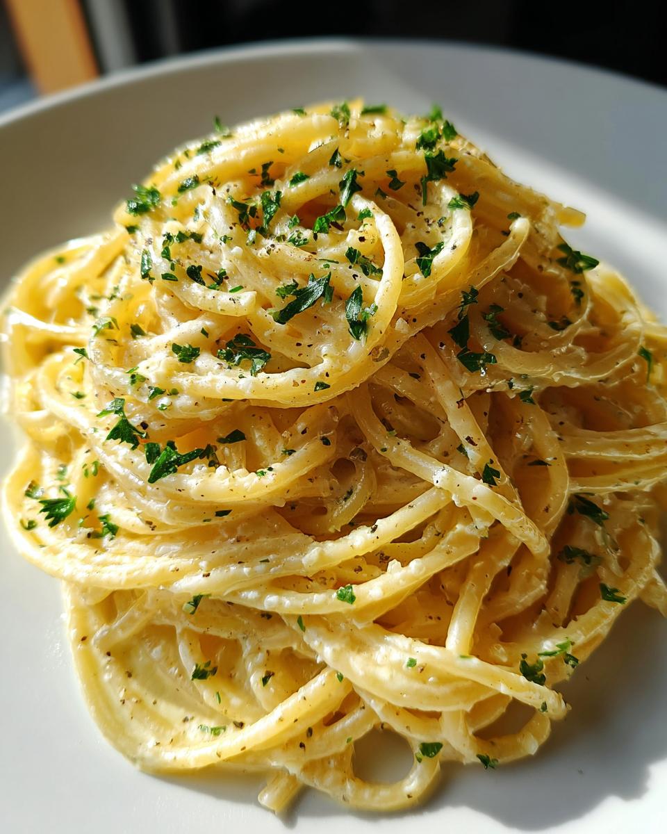 Close-up of a swirl of Creamy Lemon Pasta, coated in a rich sauce and sprinkled with fresh parsley.