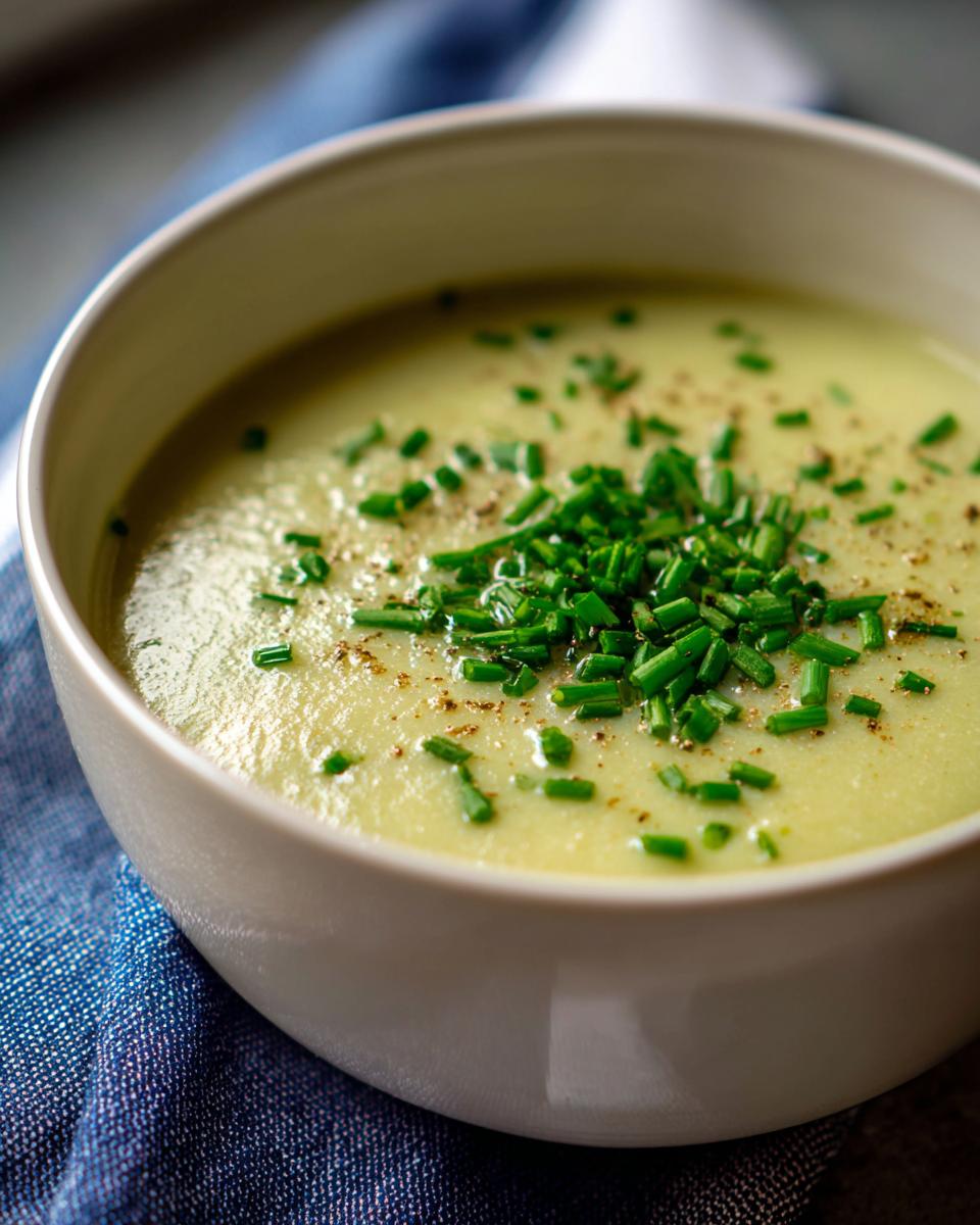 Close-up of a bowl of creamy soup topped with fresh chives and pepper. This image is not related to carrot banana muffins.