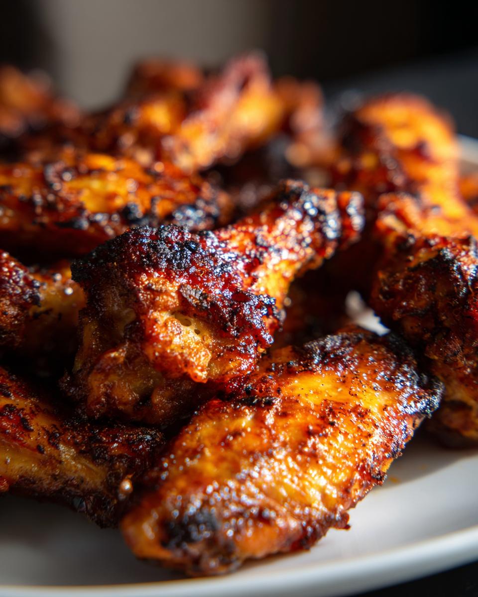 Close-up of perfectly crispy air fryer chicken wings, seasoned and golden brown.