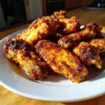 A close-up of a plate piled high with golden-brown, crispy air fryer chicken wings.
