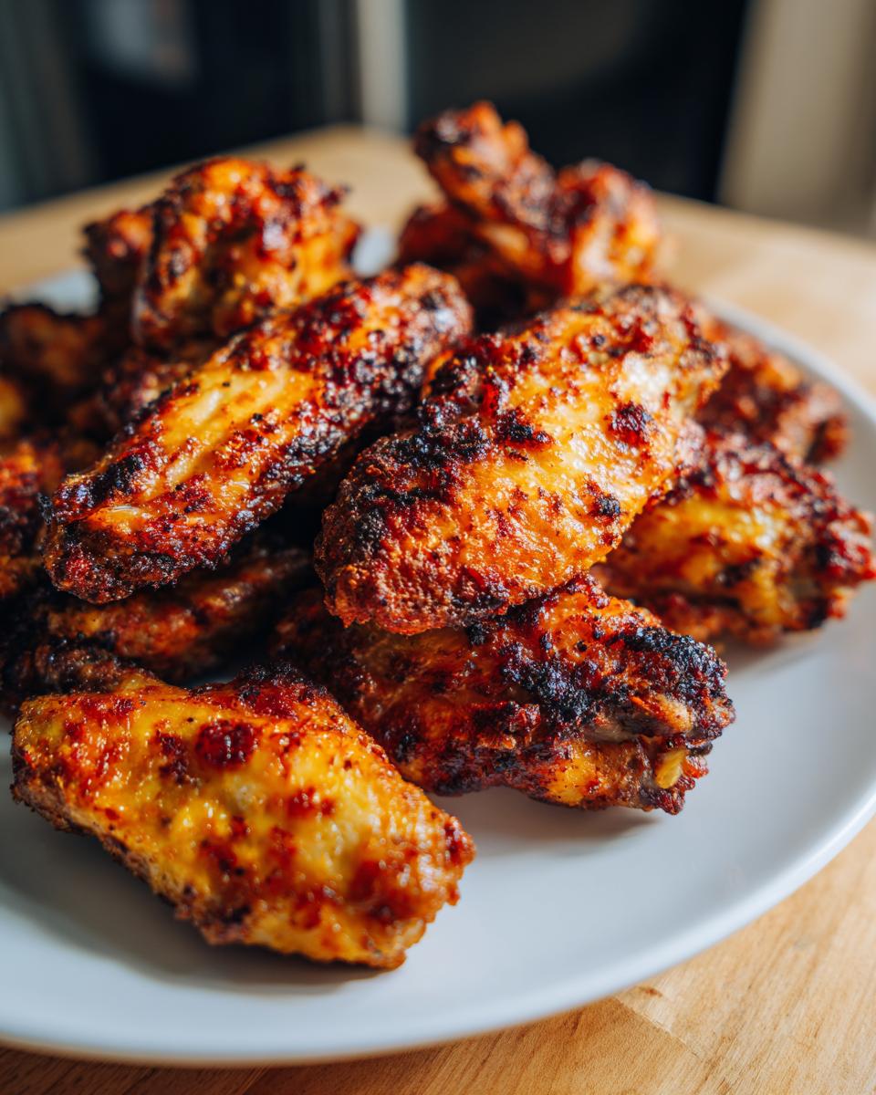 A close-up shot of a pile of perfectly crispy air fryer chicken wings on a white plate.