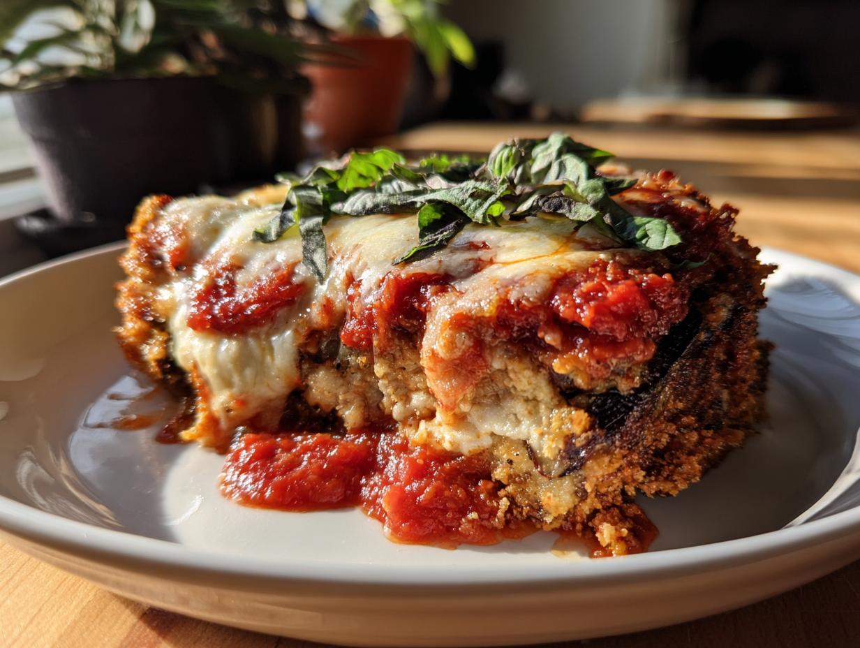 A delicious slice of crispy baked Eggplant Parmesan with melted cheese and marinara sauce, garnished with fresh basil.