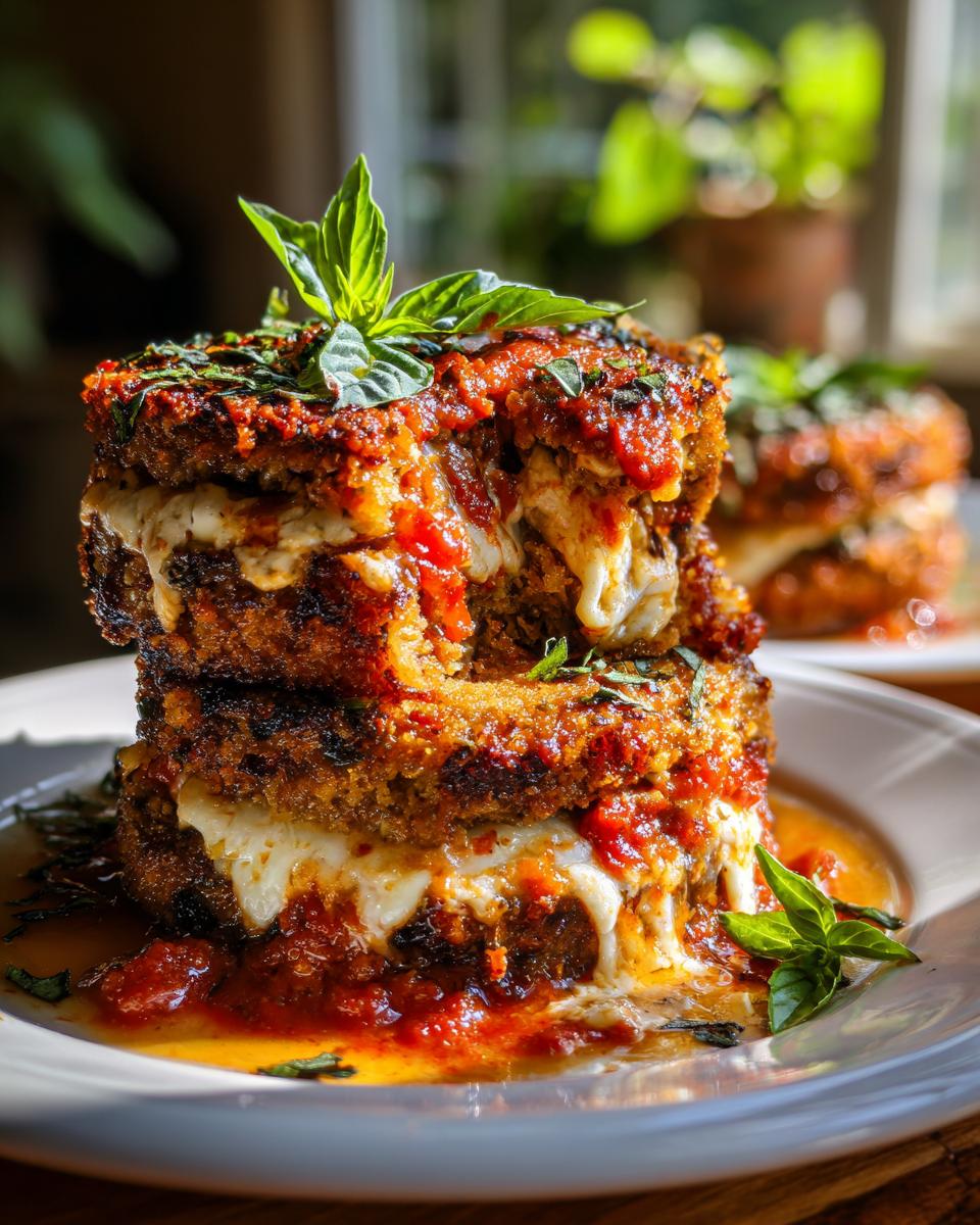 A tall stack of crispy Eggplant Parmesan layers, oozing with melted mozzarella and topped with marinara sauce and fresh basil.
