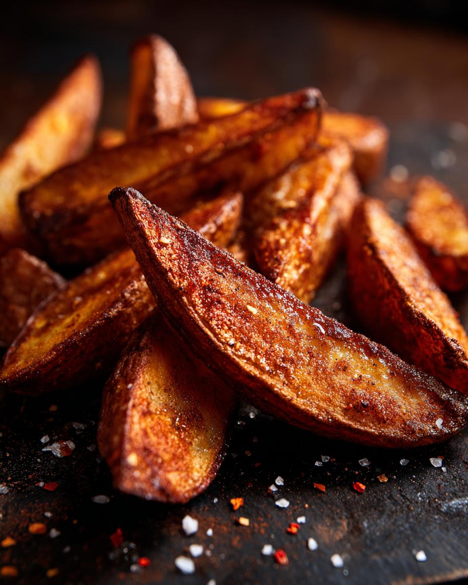 A close-up, mouthwatering shot of perfectly seasoned and crispy potato wedges piled together.