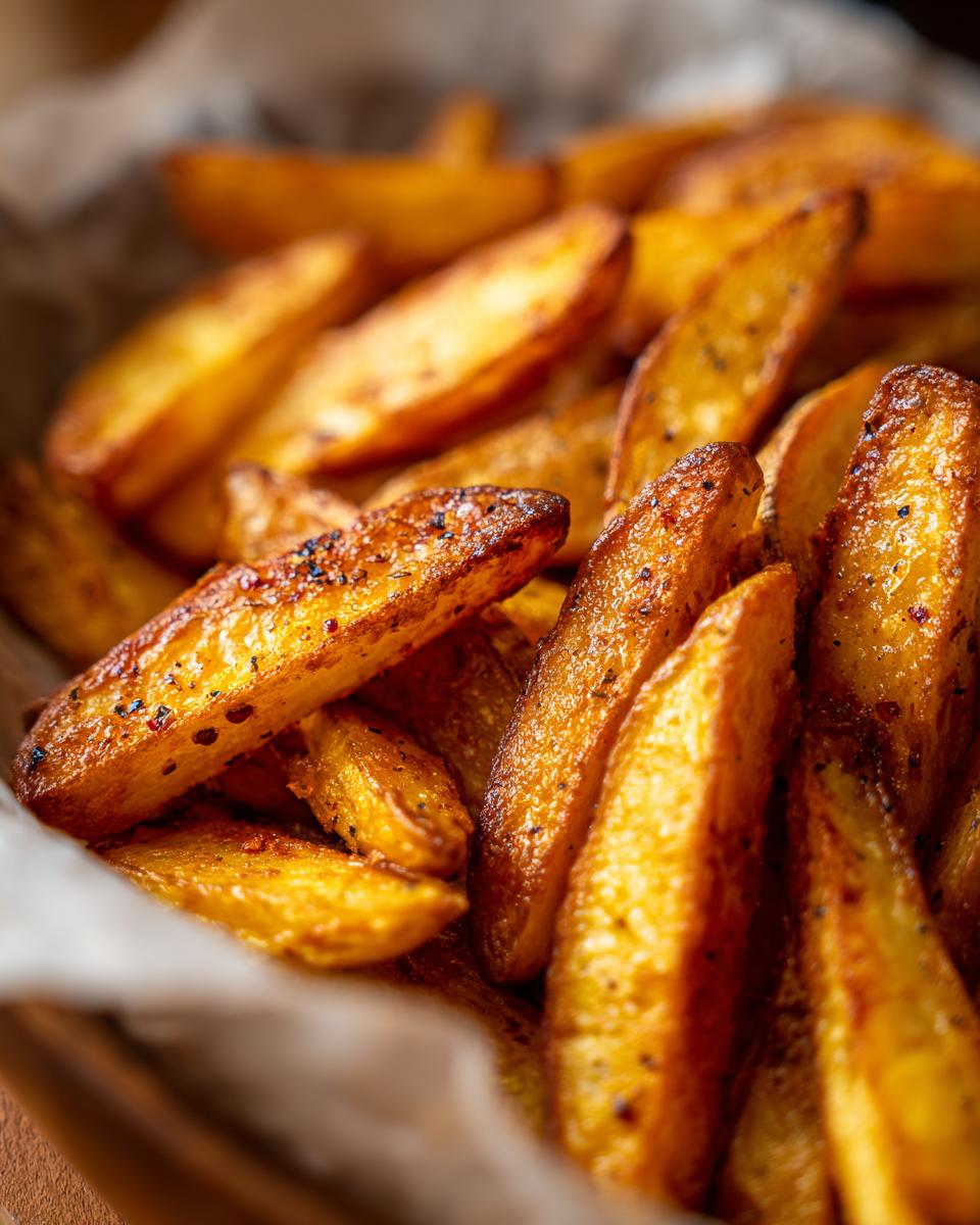 A close-up, mouthwatering shot of perfectly seasoned and crispy potato wedges.