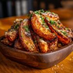 A wooden bowl filled with golden brown, crispy potato wedges, sprinkled with fresh parsley and grated Parmesan cheese.
