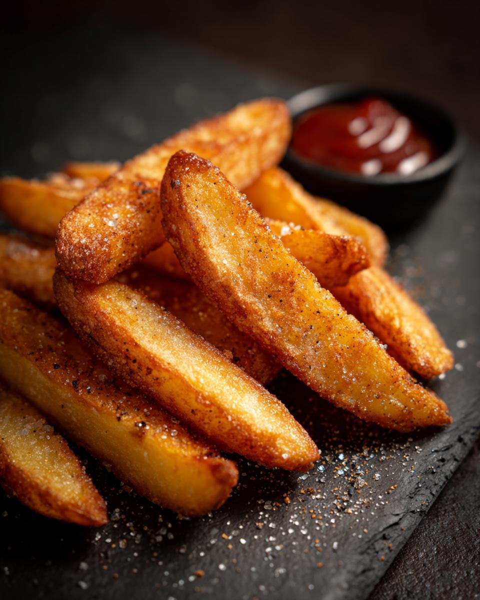 A pile of perfectly golden and crispy potato wedges seasoned with salt and pepper, served with a small bowl of ketchup.