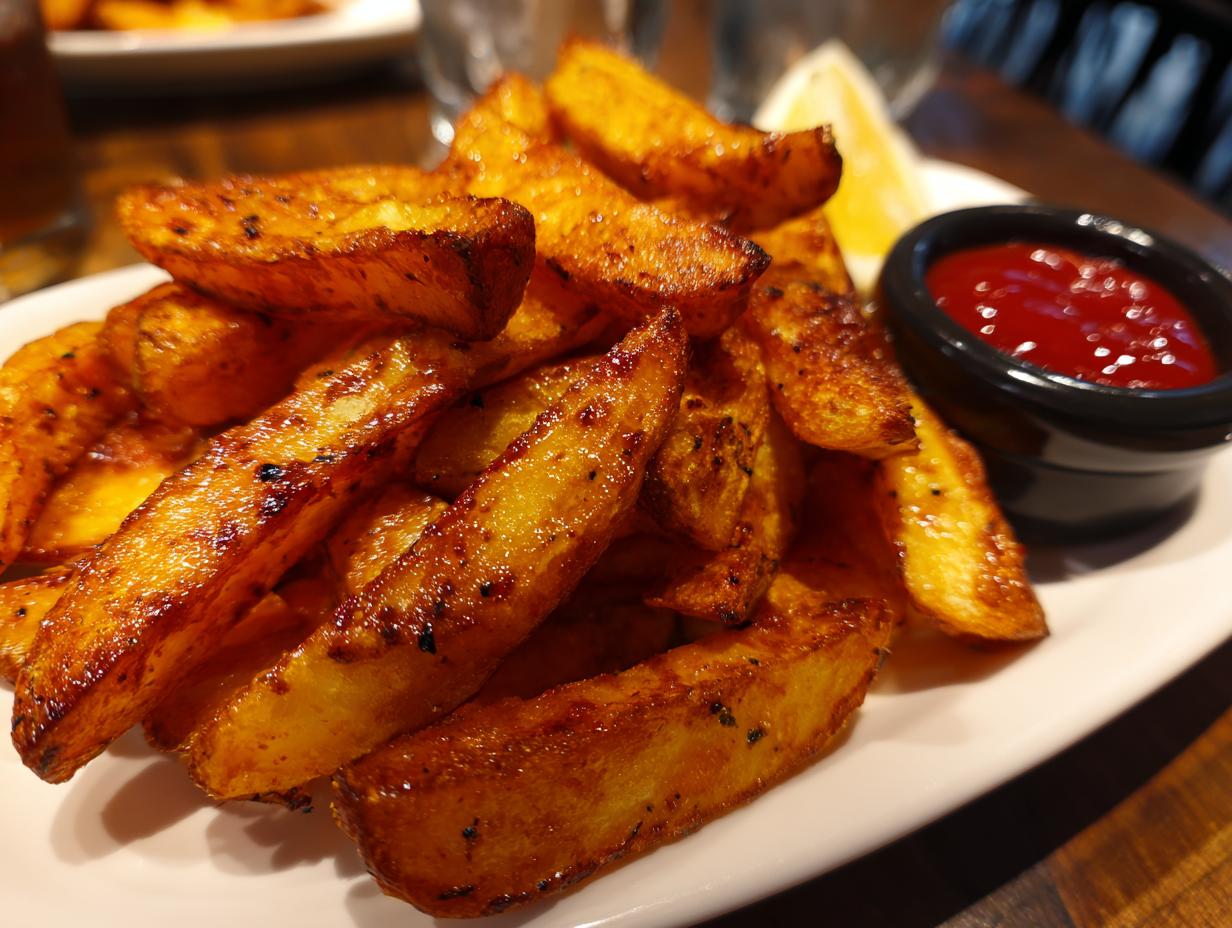 A close-up of golden brown, crispy potato wedges served with ketchup and a lemon wedge.