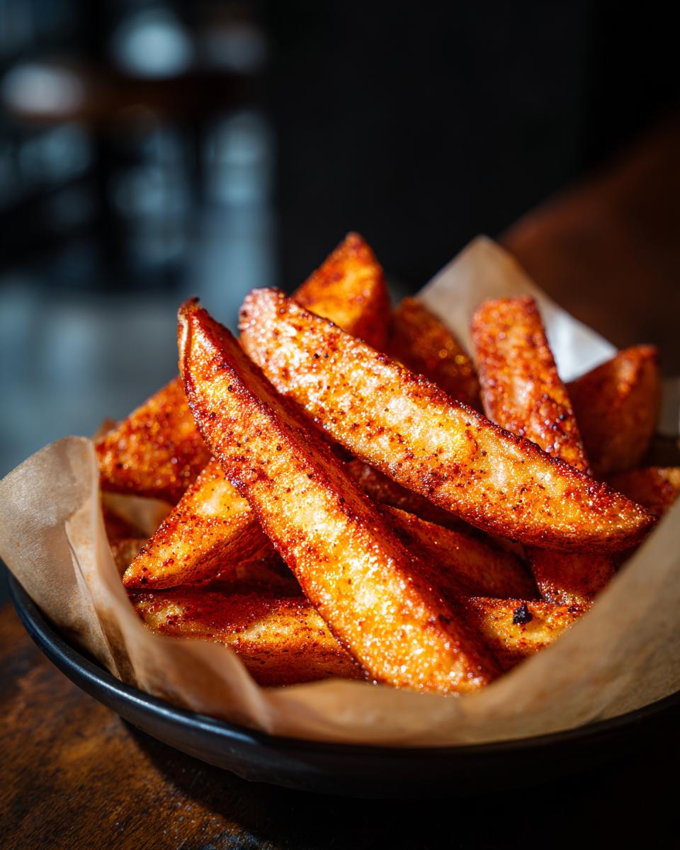 Close-up of a bowl filled with perfectly seasoned and crispy potato wedges.