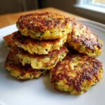 A stack of golden-brown, crispy zucchini fritters on a white plate, showcasing their texture and green zucchini flecks.