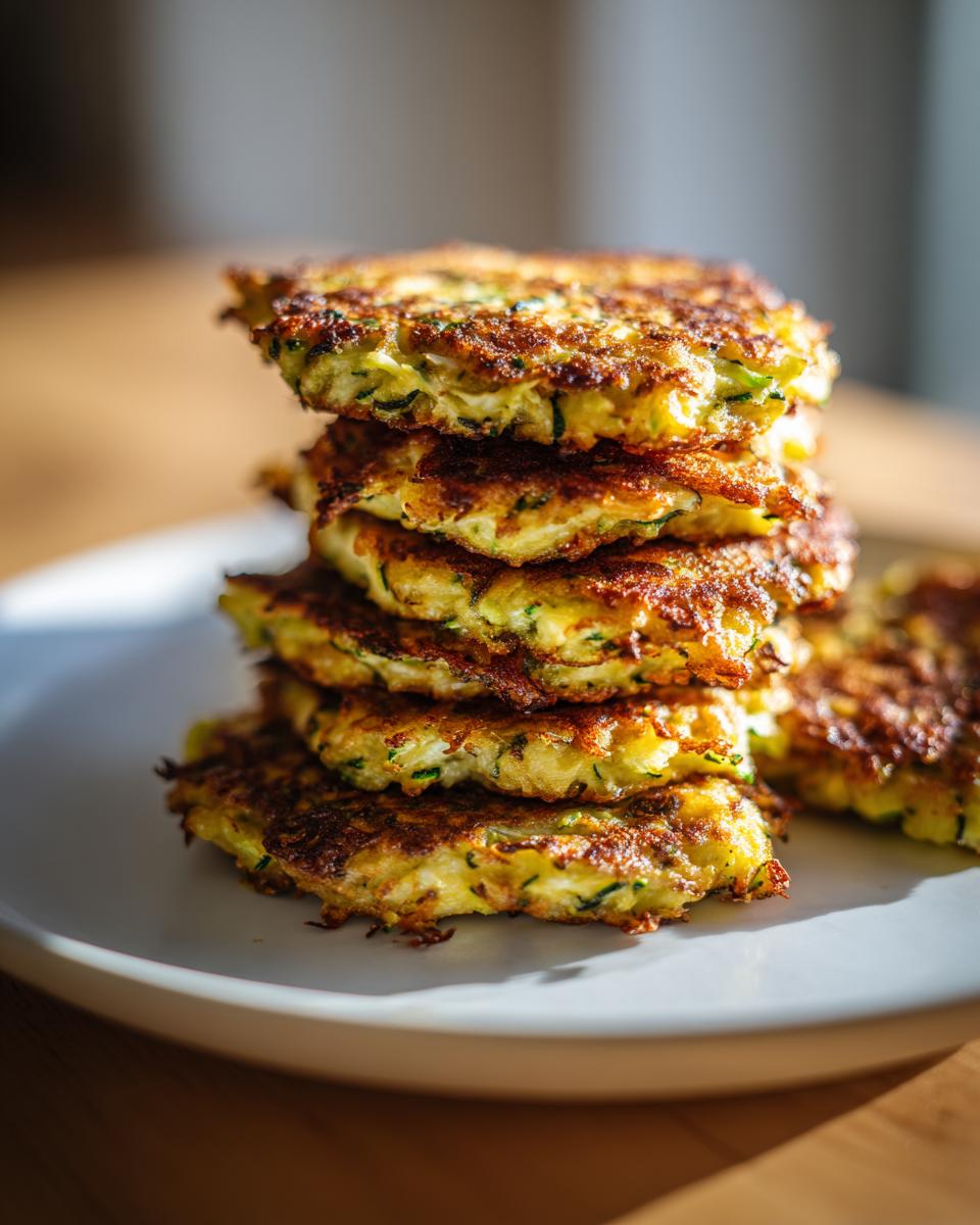 A tall stack of golden-brown, crispy zucchini fritters on a white plate, showcasing their texture.