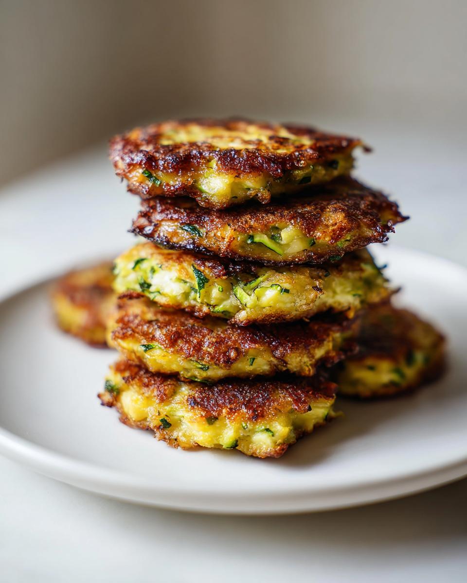 A stack of golden brown, crispy zucchini fritters on a white plate, showcasing their texture and shredded zucchini.