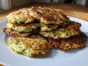 A stack of golden-brown, crispy zucchini fritters on a white plate, showcasing shredded zucchini and a light batter.