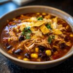 A hearty bowl of Crockpot Chicken Enchilada Soup topped with shredded cheese, tortilla chips, and cilantro.