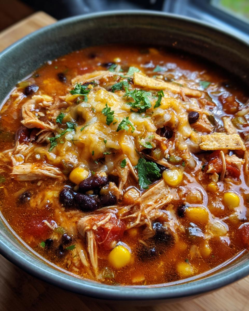 A close-up of a bowl of Crockpot Chicken Enchilada Soup, topped with melted cheese and fresh cilantro.