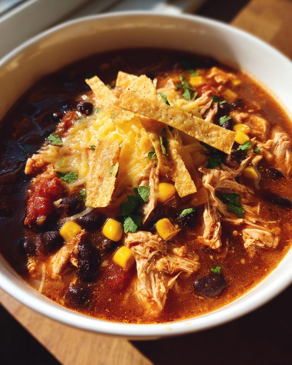 A bowl of Crockpot Chicken Enchilada Soup topped with shredded cheese, tortilla strips, and cilantro.