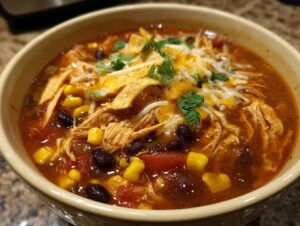 A close-up of a bowl of Crockpot chicken enchilada soup, topped with shredded cheese, tortilla strips, and cilantro.