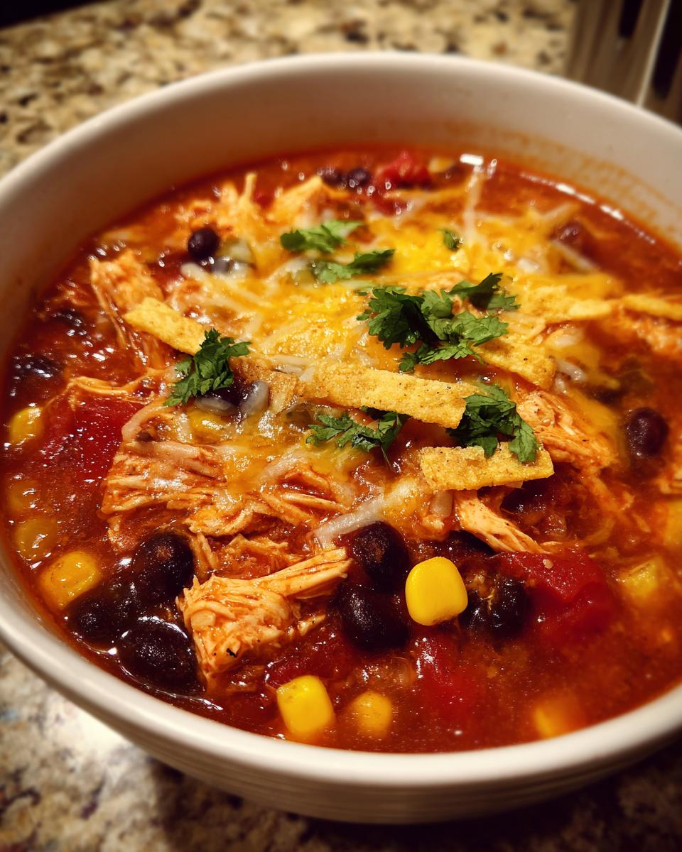 A close-up of a bowl of Crockpot Chicken Enchilada Soup, topped with shredded cheese, tortilla strips, and cilantro.