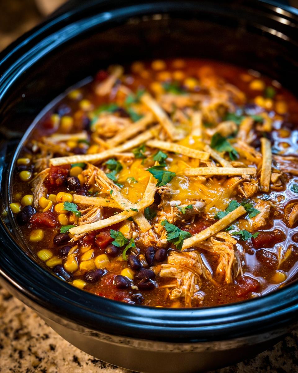Close-up of Crockpot Chicken Enchilada Soup with shredded chicken, black beans, corn, and tortilla strips.