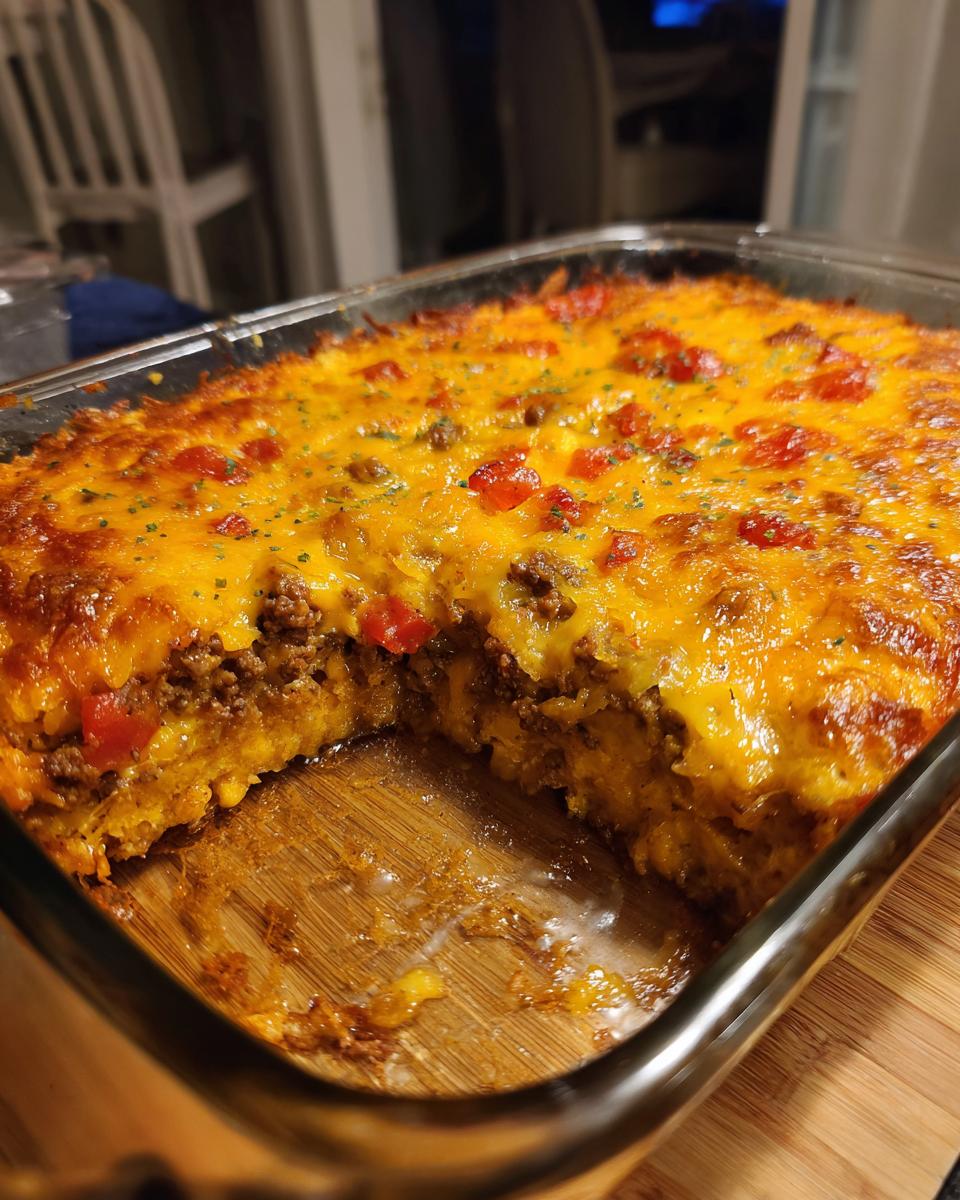 A freshly baked Dorito Casserole in a glass baking dish, with a slice removed showing layers of ground meat, cheese, and crushed Doritos.
