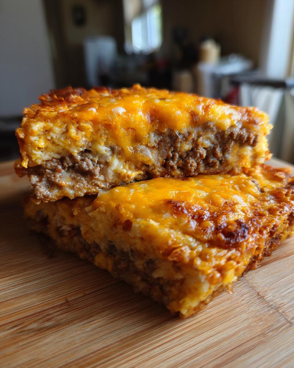 Two slices of Dorito Casserole stacked, showing layers of seasoned ground meat and melted cheese.