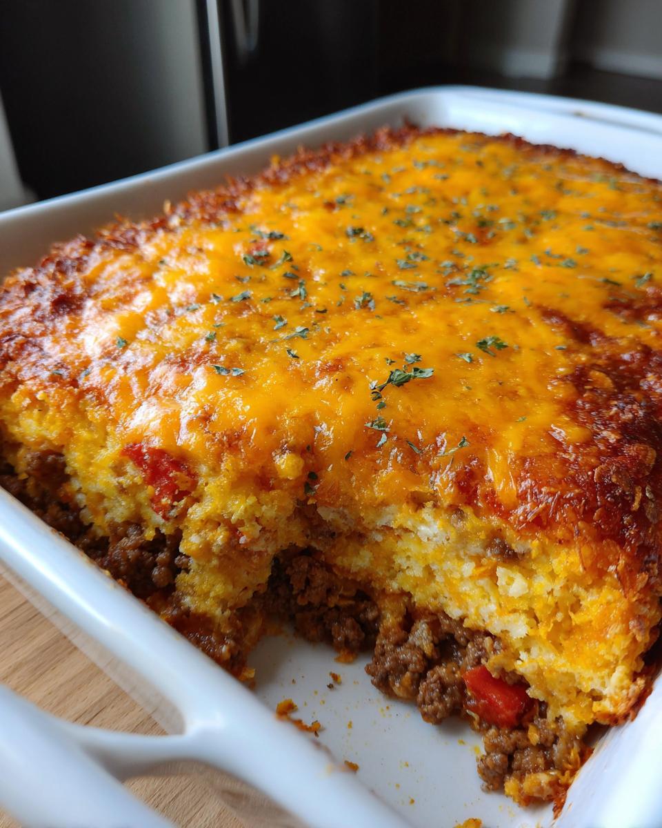 A close-up of a freshly baked Dorito Casserole in a white baking dish, topped with melted cheddar cheese and parsley.