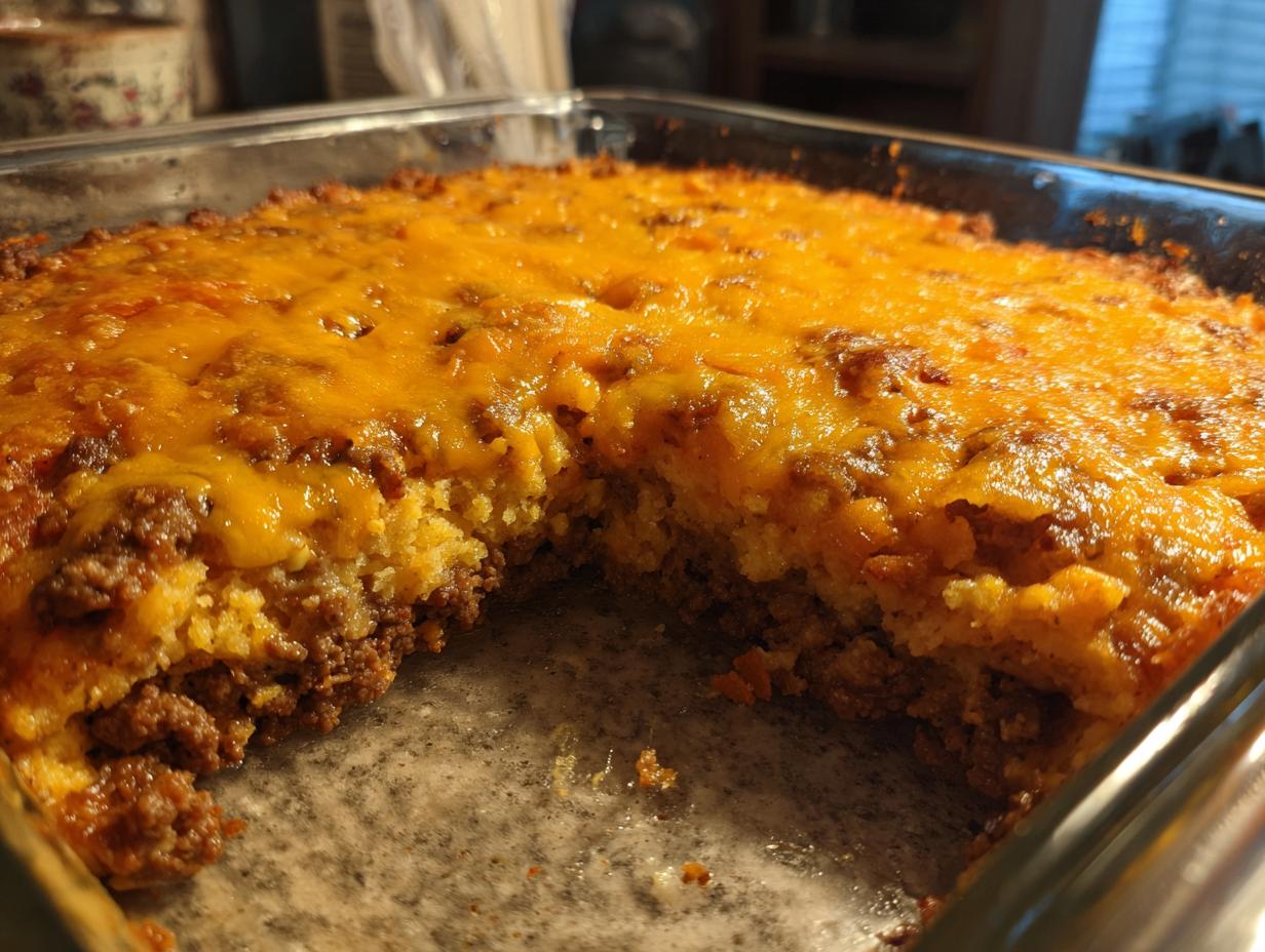 A close-up of a freshly baked Dorito Casserole in a glass dish, topped with melted cheddar cheese.