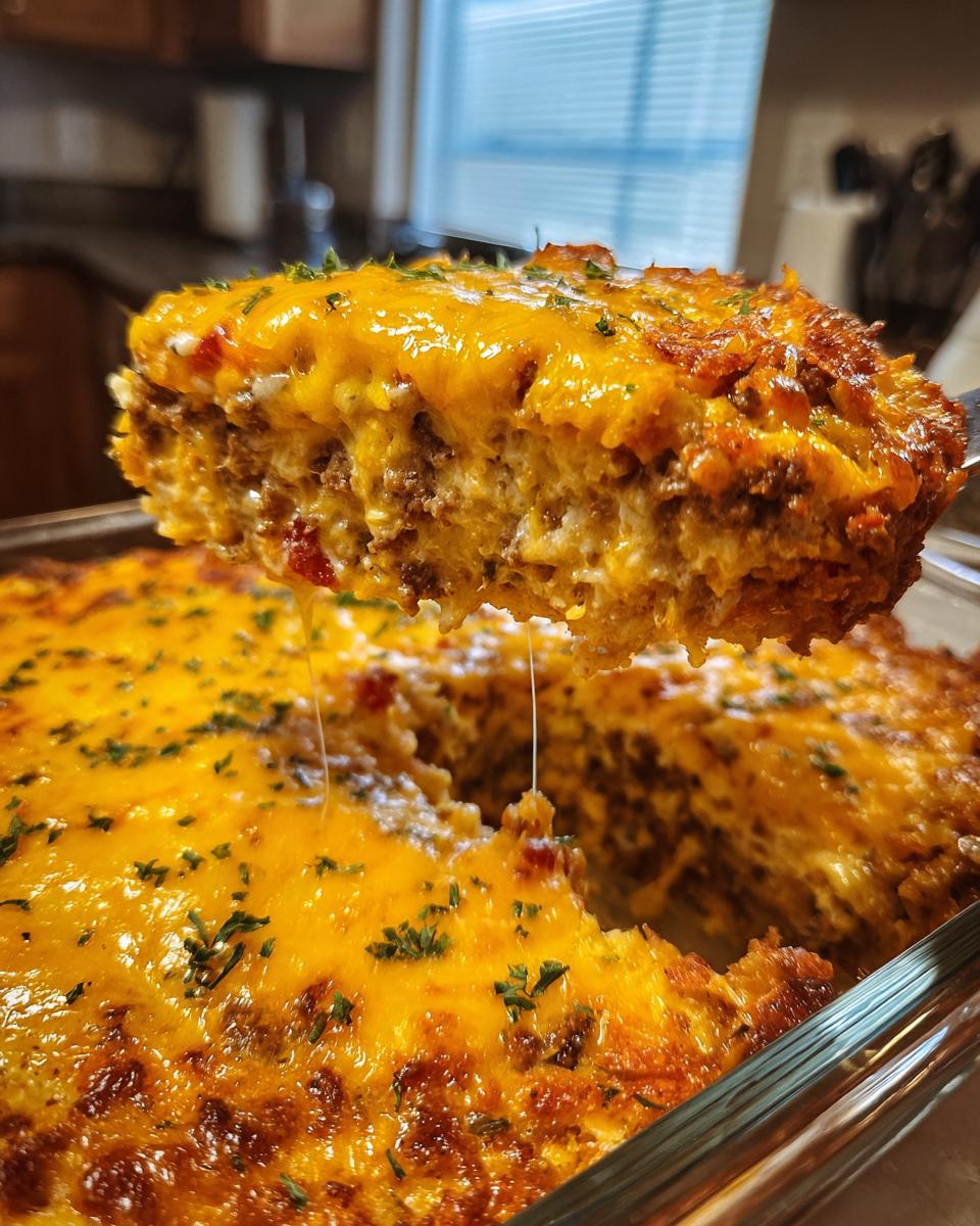 A slice of cheesy Dorito Casserole being lifted from a baking dish, showing layers of meat and melted cheddar cheese.