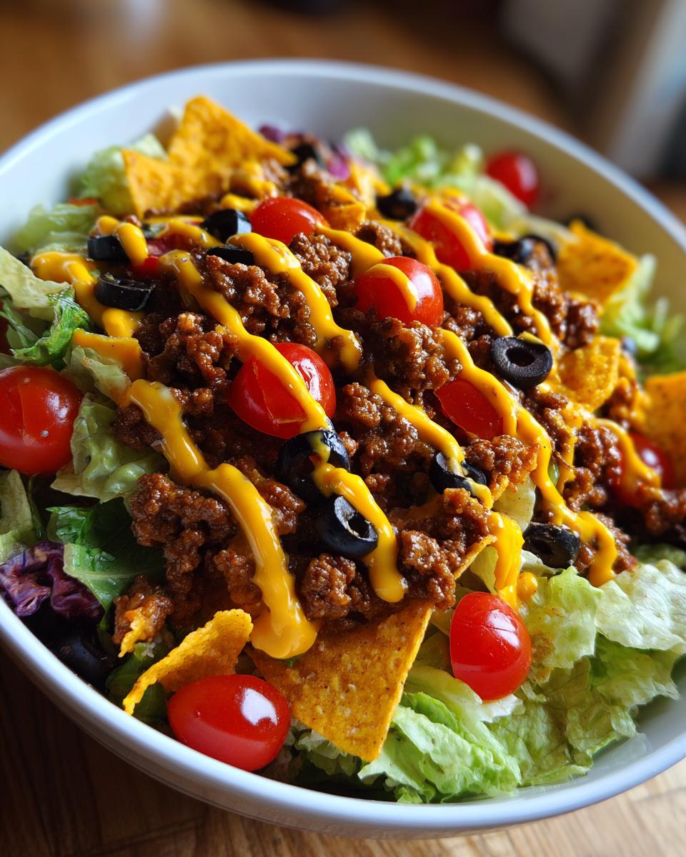 A close-up of a hearty Dorito Taco Salad featuring seasoned ground beef, cherry tomatoes, black olives, and crushed Doritos, drizzled with cheese.