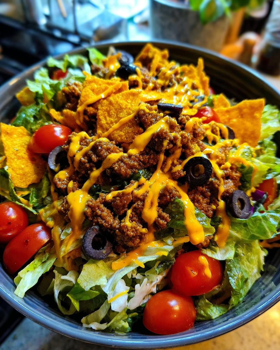 A vibrant bowl of Dorito Taco Salad featuring seasoned ground beef, shredded lettuce, cherry tomatoes, black olives, and crushed Doritos, drizzled with cheese.