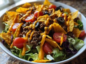 A vibrant Dorito Taco Salad featuring crisp lettuce, seasoned ground beef, cherry tomatoes, black olives, and a drizzle of cheese sauce.