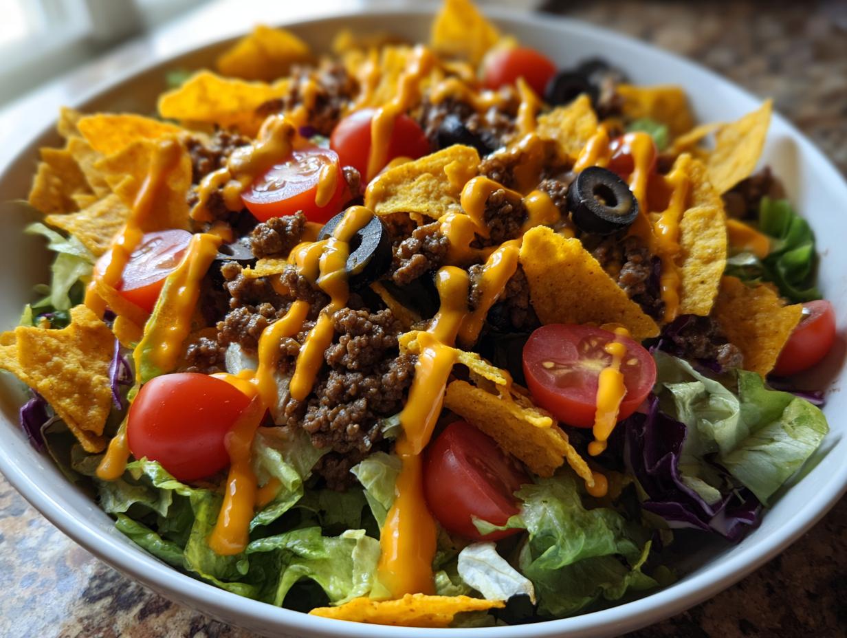 A vibrant Dorito Taco Salad featuring crisp lettuce, seasoned ground beef, cherry tomatoes, black olives, and a drizzle of cheese sauce.