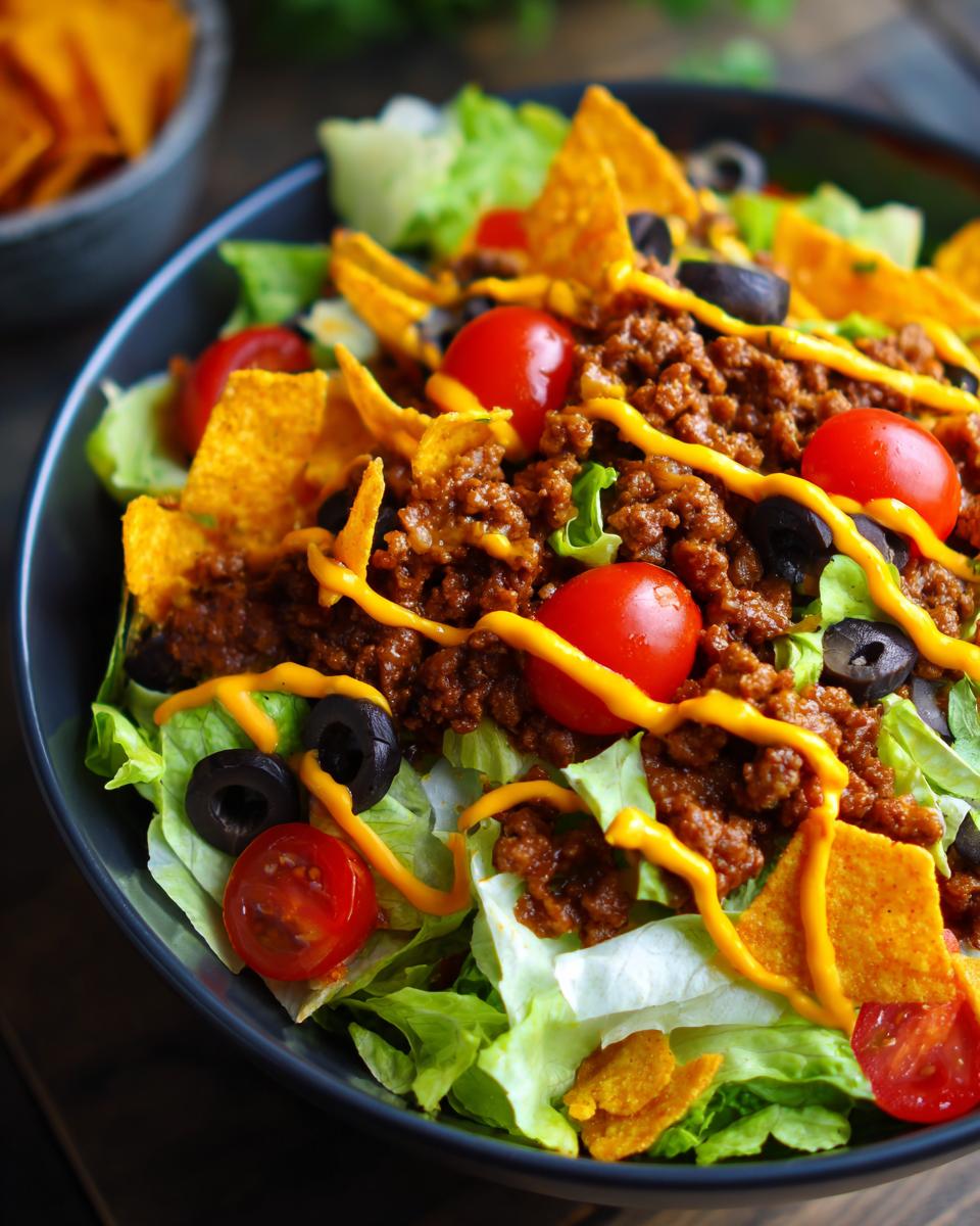 A close-up of a vibrant Dorito Taco Salad featuring seasoned ground beef, crisp lettuce, cherry tomatoes, black olives, and crushed Doritos, drizzled with cheese sauce.